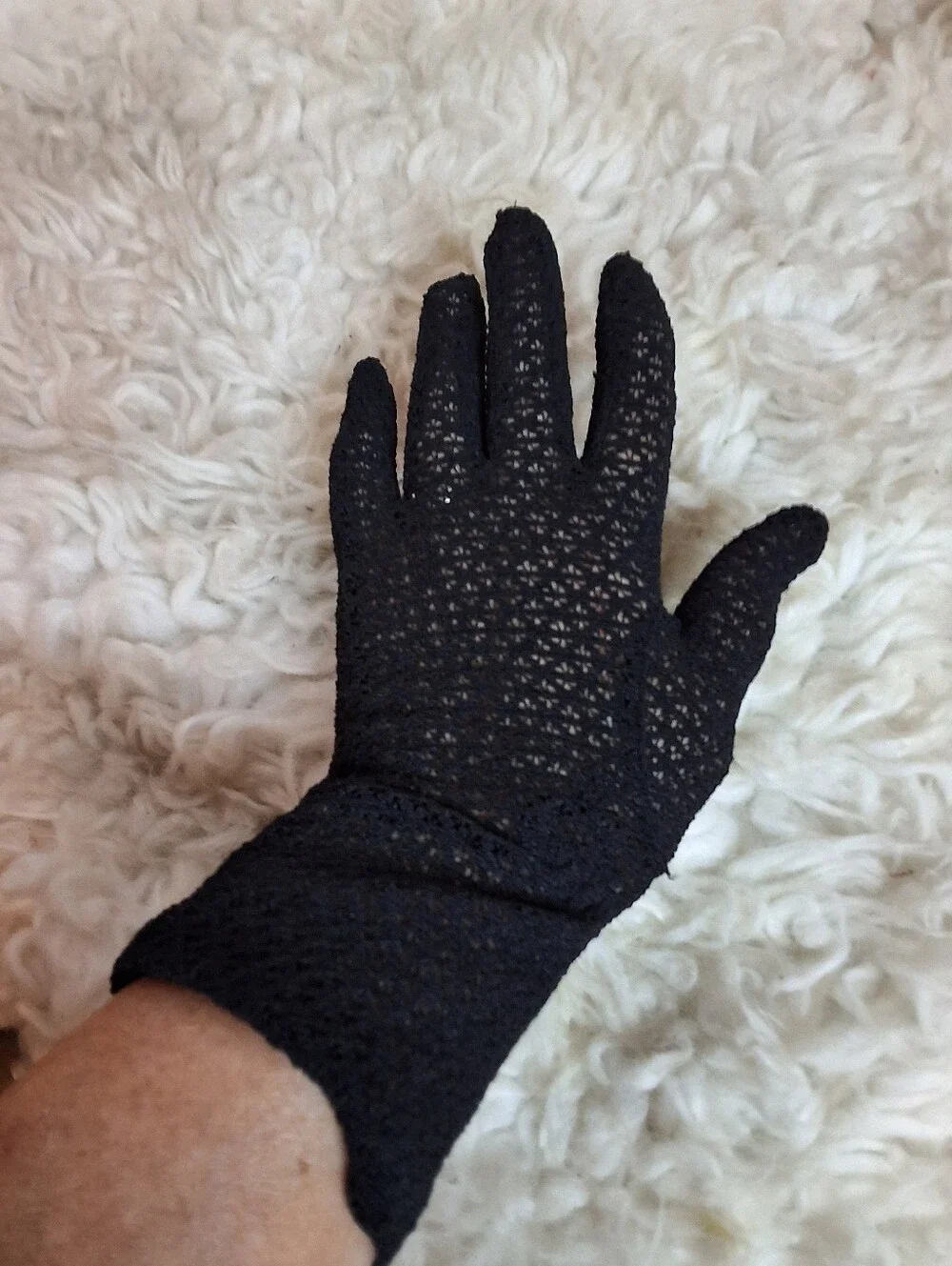 Vintage Black Crochet Lace Wrist Gloves Stretch Nylon One Size Formal
